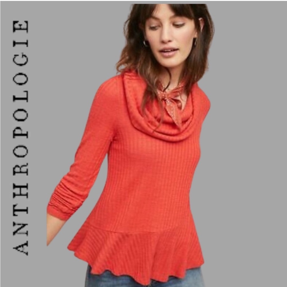 Anthropologie Red Cowl Neck Ribbed Knit Long Sleeve Top